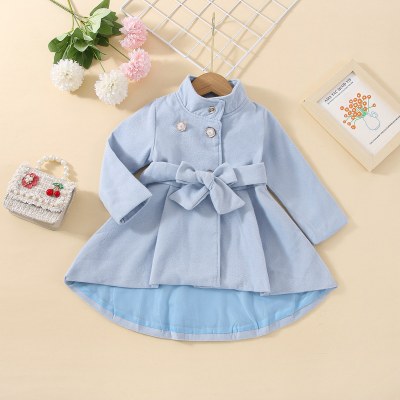 Toddler Girl 100% Cotton Solid Color Button Front Bowknot Belt Stand Up Collar Coat