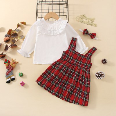 2-piece Toddler Girl Christmas Solid Color Ruffled Long Sleeve Top & Plaid Suspender Dress