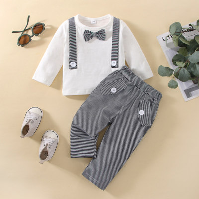 Baby Stripes Bowknot Decor T-shirt & Overalls