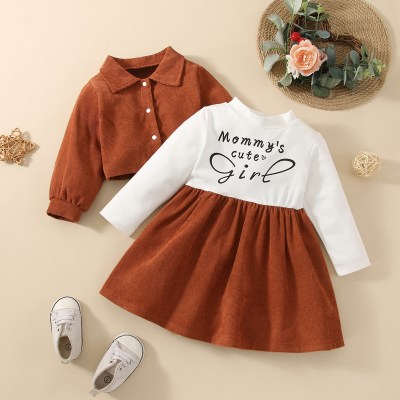 2-piece Baby Girl Letter Printed Corduroy Patchwork Long Sleeve Dress & Solid Color Shirt Jacket