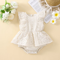 Baby Girl Solid Color Lace Floral Pattern Ruffle-sleeve Bodysuit  Beige