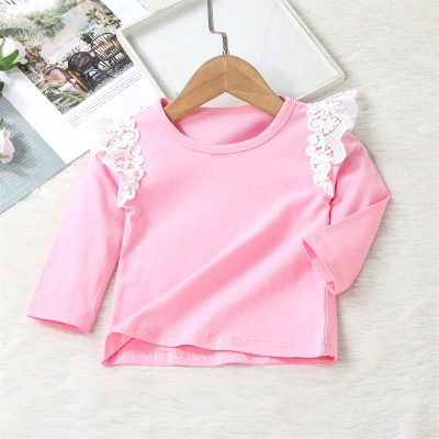 Toddler Girl Solid Color Lace Spliced Long Sleeve T-shirt
