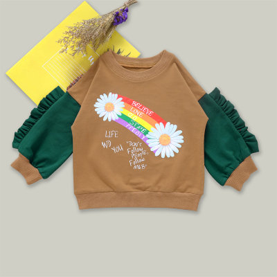 Kleinkind-Mädchen-Farbblock-Sweatshirt mit Regenbogen- und Blumendruck