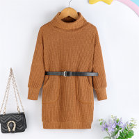 Toddler Girl Solid Color Ribbed Pocket Front Turtle Neck Long Sleeve Knitted Dress with Belt  Brown