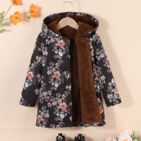 Toddler Girl Allover Floral Pattern Fleece-lined Hooded Coat  Black