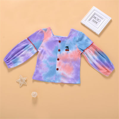Toddler Girl Tie Dyed Square Neck Button Front Long Sleeve Patchwork T-shirt
