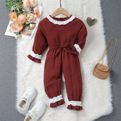 Toddler Girl Solid Color Lace Spliced Drawstring Jumpsuit