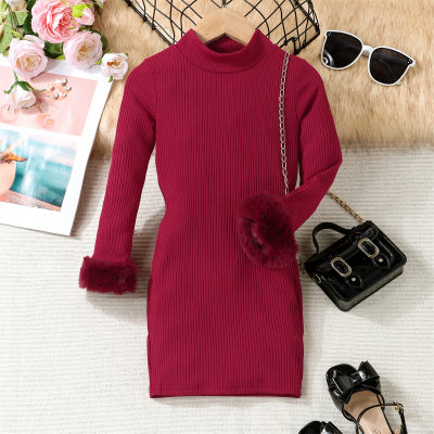 Toddler Girl Solid Color Mock Neck Plush Cuff Long Sleeve Dress