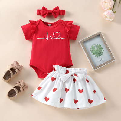 Baby Letter Printed Ruffled Sleeve Romper & Heart-shaped Skirt With Headband