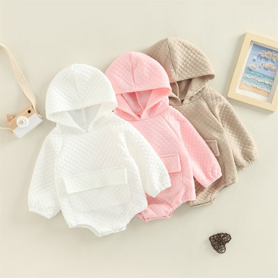 Baby 100% Cotton Solid Color Pocket Front Hooded Long Sleeve Romper