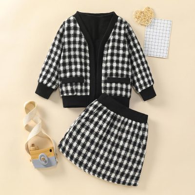 3-piece Toddler Girl Solid Color Long Sleeve Top & Houndstooth Cardigan & Pencil Skirt