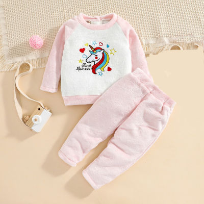 2-piece Baby Girl Pure Cotton Color-block Unicorn Pattern Sweatshirt & Solid Color Pants