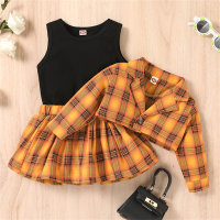 3-piece Baby Girl 100% Cotton Solid Color Sleeveless Vest & Plaid Lapel Jacket & Plaid Pleated Skirt  yellow plaid