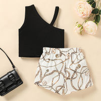 Baby Girl Open shoulder Solid Colour Top And Geometric Print Shorts  Black