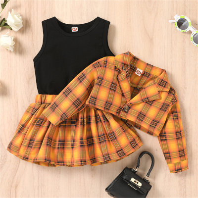 3-piece Baby Girl 100% Cotton Solid Color Sleeveless Vest & Plaid Lapel Jacket & Plaid Pleated Skirt