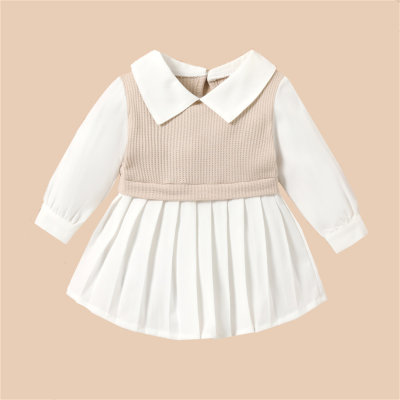 Baby Girl 100% Cotton Knit Spliced Long Sleeve Pleated Shirt Dress