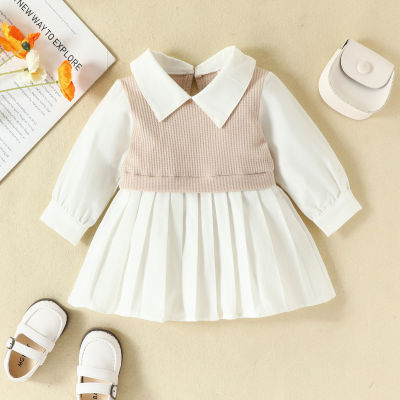 Baby Girl 100% Cotton Knit Spliced Long Sleeve Pleated Shirt Dress