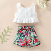 Baby Girl Single-breasted Solid Colour Top And Floral Print Shorts - Hibobi