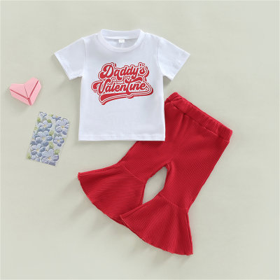 T-shirt stampata con lettera in puro cotone da bambina in 2 pezzi e pantaloni svasati in tinta unita