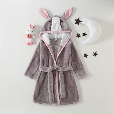 Toddler Girl Solid Color Rabbit Style Belted Hooded Long Sleeve Nightgown