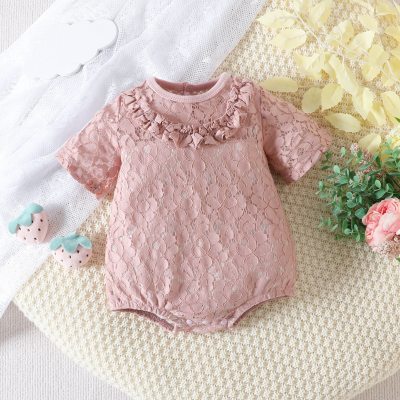 Baby Girl Pure Cotton Solid Color Ruffled Short Sleeve Romper