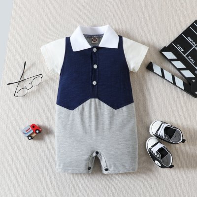 Baby Boy Pure Cotton Color-block Patchwork Polo Collar Short Sleeve Boxer Romper