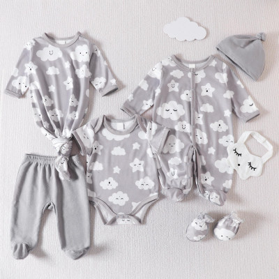 7-piece Baby Boy Cloud Star Pattern Jumpsuit & Bodysuit & (Footed) Pants & Sleep Bag & Bib & Gloves & Hat