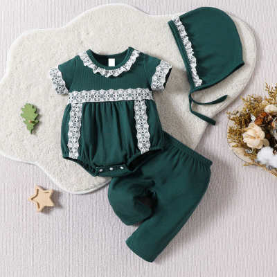 Baby girl solid color short-sleeved lace triangle hoodie straight pants hat three-piece set