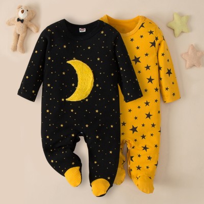 Baby Allover Printing Moon and Star Pattern Footed Long-sleeved Long-leg Romper