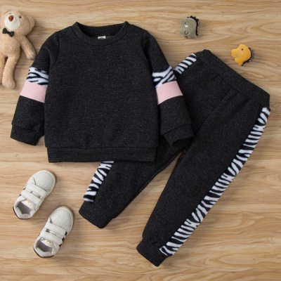 2-piece Toddler Pure Cotton Color-block Sweatshirt & Zebra Striped Patchwork Pants