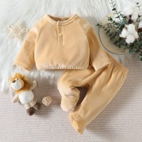 Baby Unisex Solid Color Velvet Raglan Sleeve Sweater & Fooded Pants  Apricot