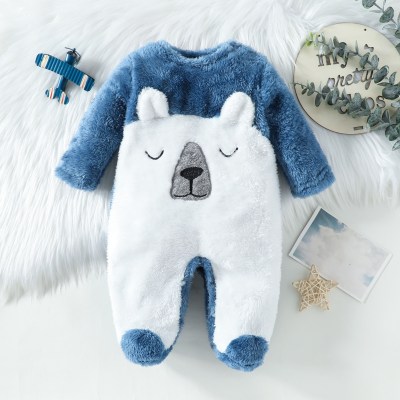 Baby Boy Color-block Bear Pattern Footed Plush Jumpsuit
