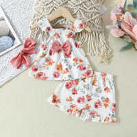 Three-piece set of floral print halter tops, shorts and headbands for babies and girls  White