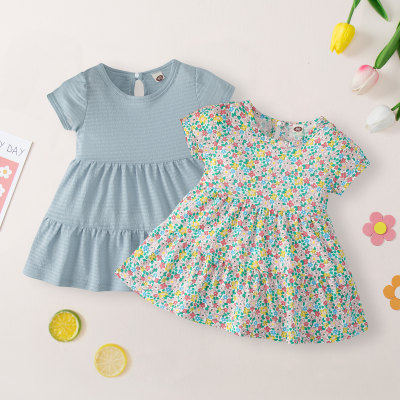 Baby Girl Solid Floral Pattern Short-sleeve Dress
