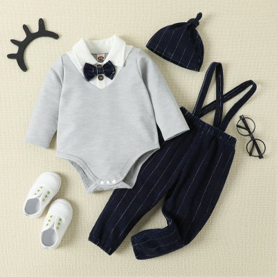 Baby Bowknot Decor Patchwork Polo Romper & Detachable Tie & Vertical Stripes Dungarees With Hat