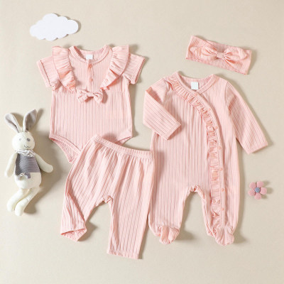 Baby Girl 4 Pieces Ruffle Footed Jumpsuit & Bow-knot Decor Bodysuit & Pants & Headband