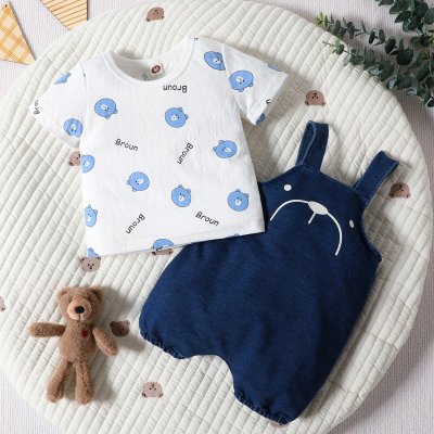 2-piece Baby Boy Allover Bear Printed Short Sleeve T-shirt & Solid Color Suspender Shorts