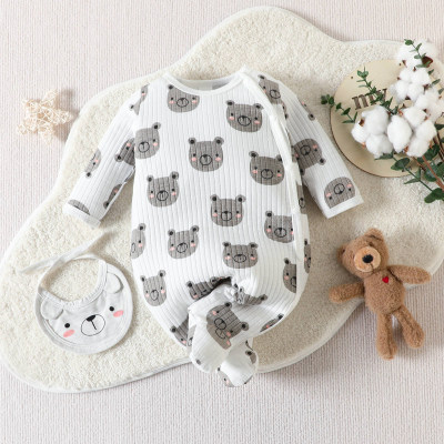 Baby 2 Pieces Bear Pattern Long-sleeved Long-leg Footed Jumpsuit & Bib