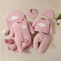 Conjunto de presente para bebê de manga comprida bordado em nuvem  Rosa