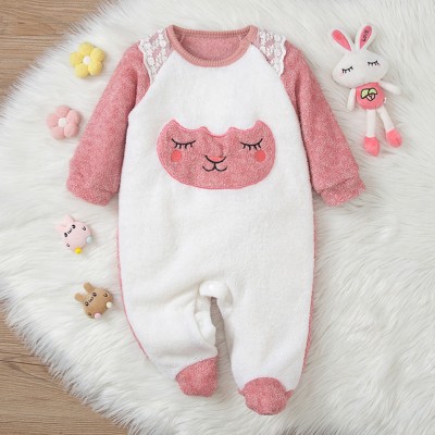Mameluco de pierna larga de manga larga con pies empalmados de encaje estilo conejo de bloque de color para bebé niña