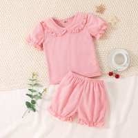 2-piece Toddler Girl Lapel Solid Color Short Sleeve T-shirt & Matching Shorts  Pink