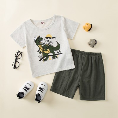 2-piece Toddler Boy Dinosaur Printed Short Sleeve T-shirt & Solid Color Shorts