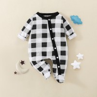 Baby Pure Cotton Plaid Footed Long-sleeved Long-leg Romper  Black