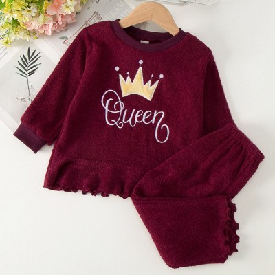 2-piece Toddler Girl Pure Cotton Letter and Crown Pattern Long Sleeve Top & Pants
