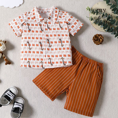 2-piece Toddler Boy Allover Printed Short Sleeve Shirt & Striped Shorts