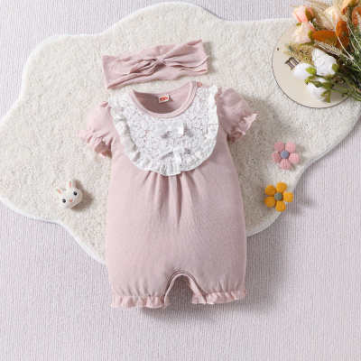 Conjunto de duas peças com laço e laço para bebê menina, gola redonda, manga curta, top harém e faixa de cabelo