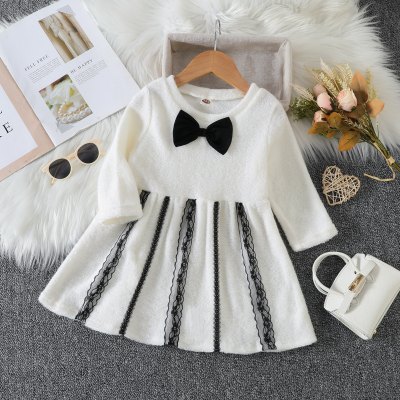 Toddler Girl Pure Cotton Lace Spliced Bowknot Decor Long Sleeve Dress