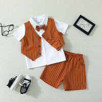 Conjunto de cuatro piezas para bebé niño, chaleco a rayas, camisa, shorts, pajarita  marrón
