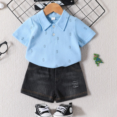 2-قطعة طفل صبي قصير الأكمام قميص بولو وشورت جينز