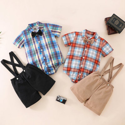 Baby Boy 3 Pieces Plaid Bodysuit & Suspender Shorts & Detachable Bow-tie